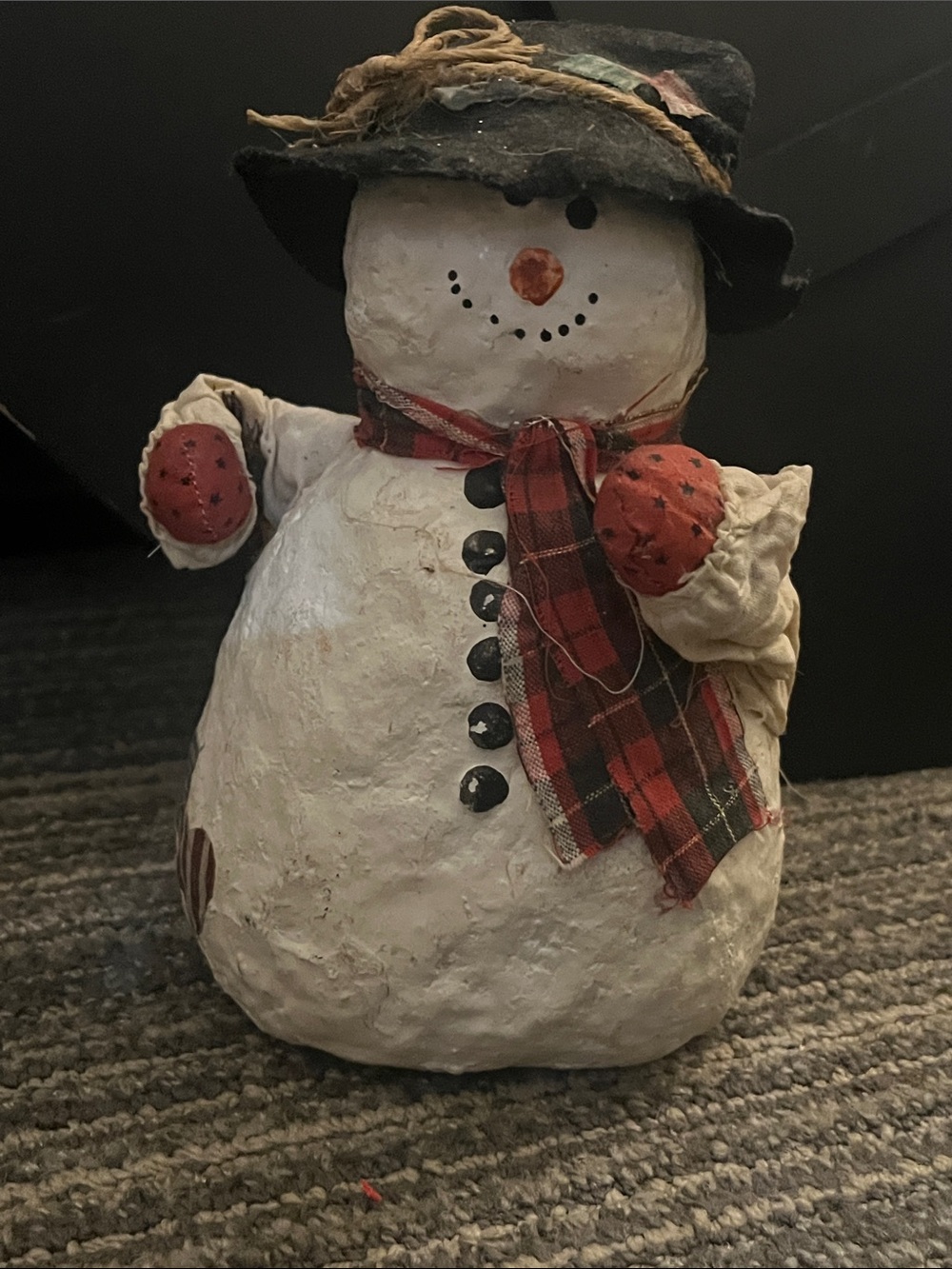 Rustic White Snowman Figurine with Red Plaid Scarf and Black Hat Vintage